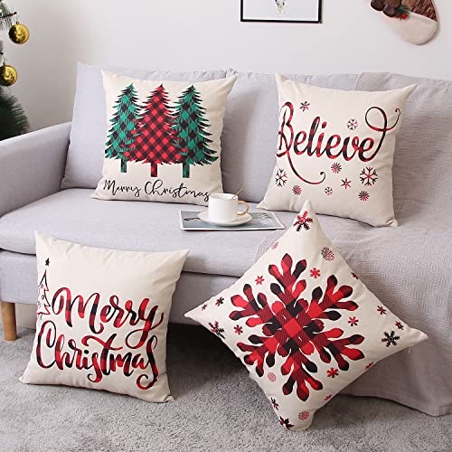 Coeufuedy Christmas Pillow Covers 18x18 Set of 4 Farmhouse Pillow Covers Holiday Rustic Linen Pillow Case Christmas Decor Pillowcase for Sofa Couch Bed and Car - Image 3