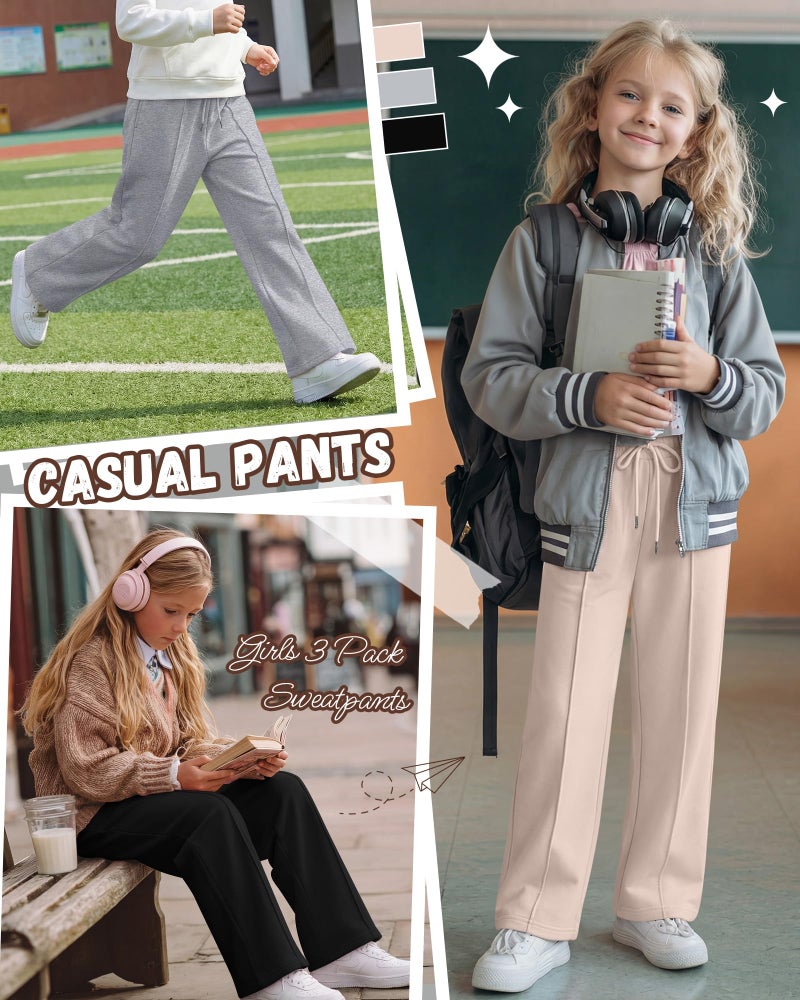 LessonZoo 3 Pack Girls Wide Leg Sweatpants Drawstring Baggy Pants Teen Girls Athletic Joggers Pants with Pockets 5-14Y(Beige Apricot, Light Heather Gray, Black,11-12 Years) - Image 4