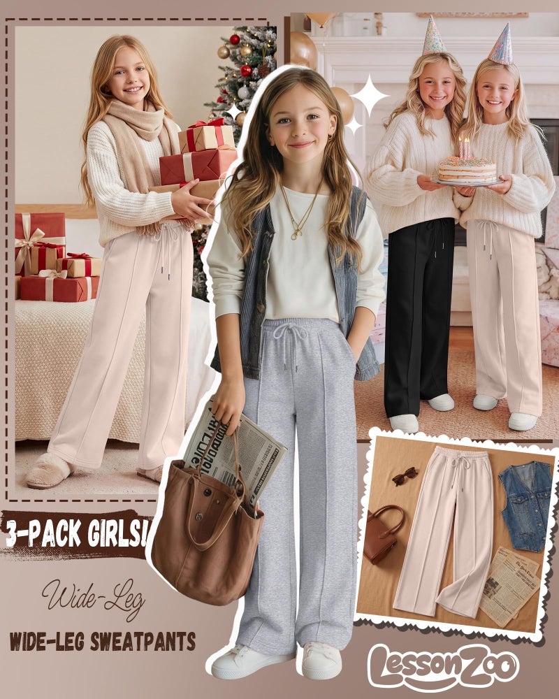 LessonZoo 3 Pack Girls Wide Leg Sweatpants Drawstring Baggy Pants Teen Girls Athletic Joggers Pants with Pockets 5-14Y(Beige Apricot, Light Heather Gray, Black,11-12 Years) - Image 3