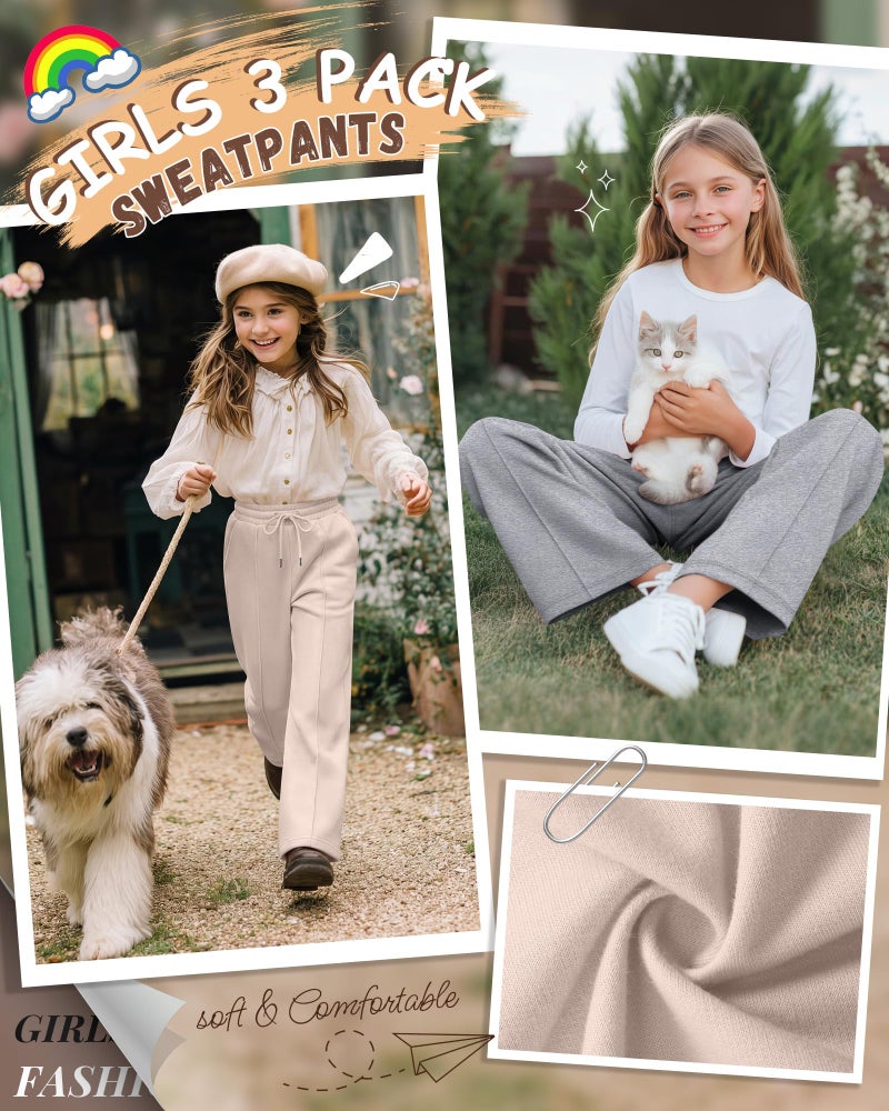 LessonZoo 3 Pack Girls Wide Leg Sweatpants Drawstring Baggy Pants Teen Girls Athletic Joggers Pants with Pockets 5-14Y(Beige Apricot, Light Heather Gray, Black,11-12 Years) - Image 2