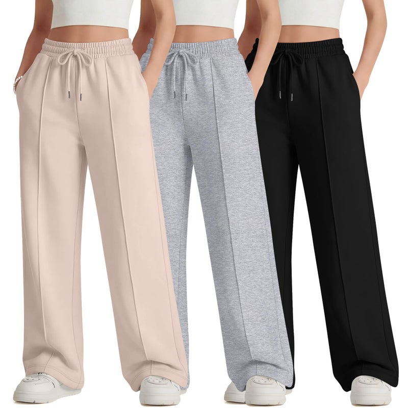 LessonZoo 3 Pack Girls Wide Leg Sweatpants Drawstring Baggy Pants Teen Girls Athletic Joggers Pants with Pockets 5-14Y(Beige Apricot, Light Heather Gray, Black,11-12 Years) - Image 1