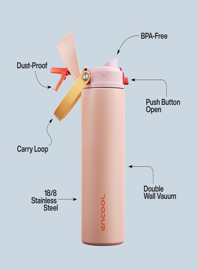 ENCOOL Insulated Water Bottle with Straw - Encool Stainless Steel Water Bottle with Push Button Lid, Leak-Proof & BPA-Free, Keeps Cold for 24 Hours for Sports, Travel, Gym (24 oz, Pink Daisy-Red) - Image 4