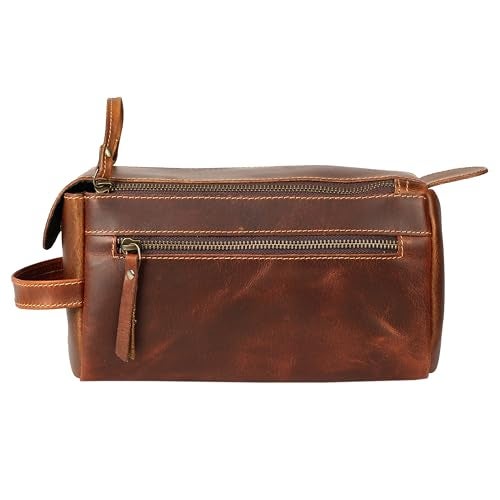 KomalC Premium Buffalo Leather Unisex Toiletry Bag Travel Dopp Kit (Distressed Orange Tan) - Image 2