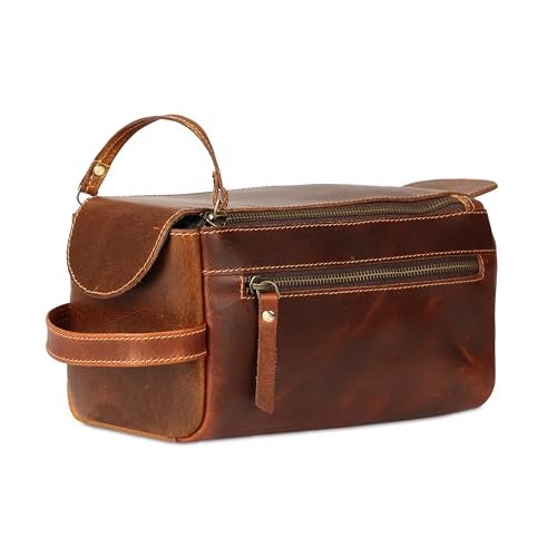 KomalC Premium Buffalo Leather Unisex Toiletry Bag Travel Dopp Kit (Distressed Orange Tan) - Image 1