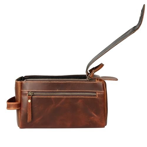 KomalC Premium Buffalo Leather Unisex Toiletry Bag Travel Dopp Kit (Distressed Orange Tan) - Image 3