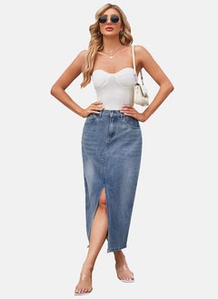 يونيكي Blue Mid Rise Plain Midi Skirt  - Image 4