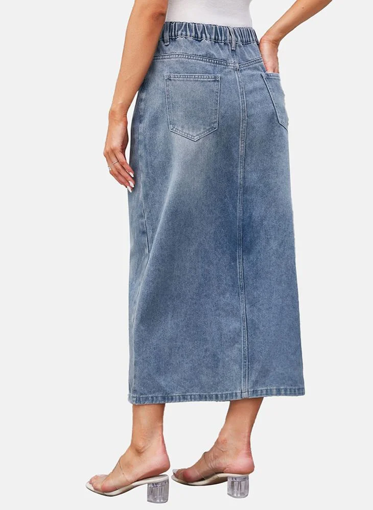 YUNIQEE Blue Mid Rise Plain Midi Skirt