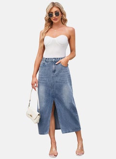يونيكي Blue Mid Rise Plain Midi Skirt  - Image 3