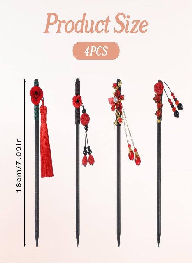 Matwsec 4PCS Chinese Wooden Hair Sticks for Buns, Retro Hair Chopsticks for Women Japanese Hairs Chopsticks Wooden Hairpins Handmade Flower Tassel Buns Hairs Forks Accessories Hanfu Pins - Image 2