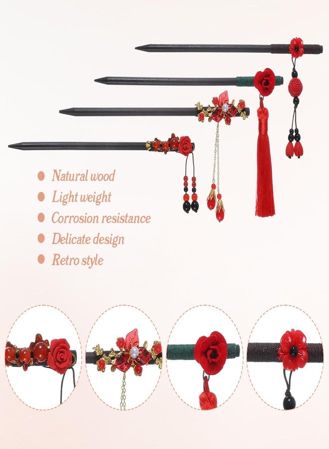 Matwsec 4PCS Chinese Wooden Hair Sticks for Buns, Retro Hair Chopsticks for Women Japanese Hairs Chopsticks Wooden Hairpins Handmade Flower Tassel Buns Hairs Forks Accessories Hanfu Pins - Image 3