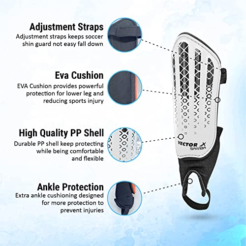 Vector X Samba Shinguard with Ankle Adjustable | Training and Practice | for Girls and Boys | (Junior, White-Black) - Image 2