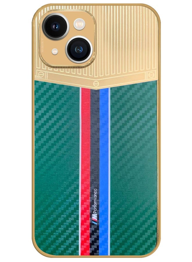 CATANES Luxury Gold Plated Case for iPhone 13 - Hybrid Electroplated Frame Back Cover with Carbon Fiber Texture - Racing Stripe Pattern Green - Image 1