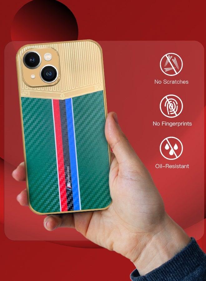 CATANES Luxury Gold Plated Case for iPhone 13 - Hybrid Electroplated Frame Back Cover with Carbon Fiber Texture - Racing Stripe Pattern Green - Image 2
