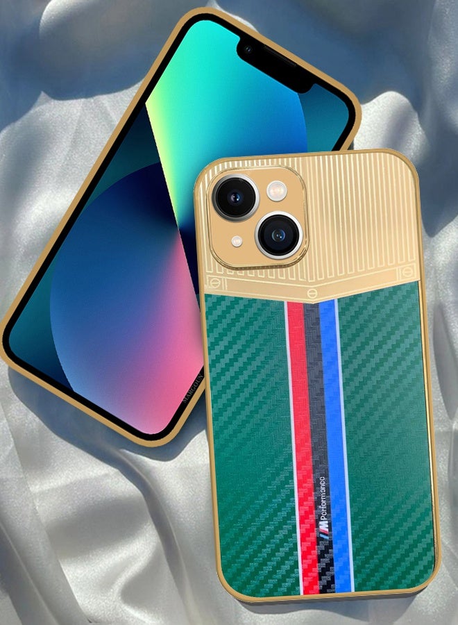CATANES Luxury Gold Plated Case for iPhone 13 - Hybrid Electroplated Frame Back Cover with Carbon Fiber Texture - Racing Stripe Pattern Green - Image 4