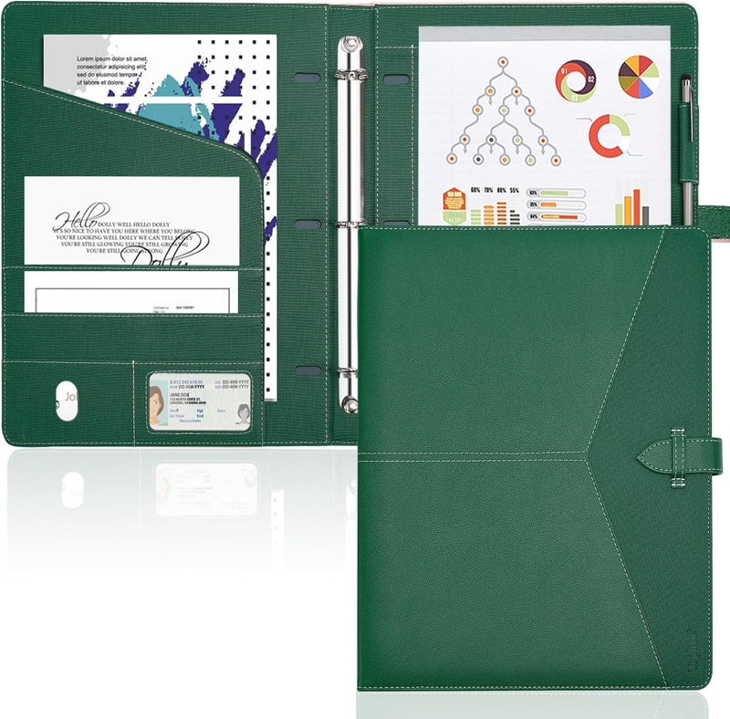 Toplive Padfolio 3 Ring Binder Organizer Business Portfolio Folder for Women, A4/ Letter Size PU Leather Portfolio Padfolio for Interview Conference Presentation, Dark Green - Image 1