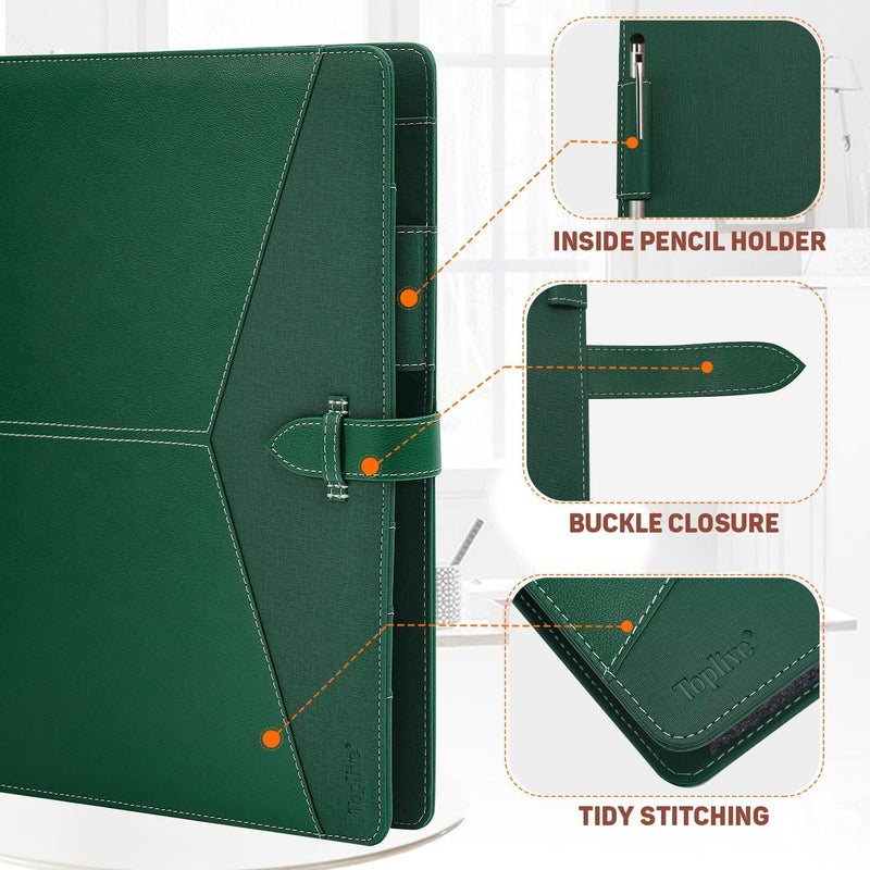 Toplive Padfolio 3 Ring Binder Organizer Business Portfolio Folder for Women, A4/ Letter Size PU Leather Portfolio Padfolio for Interview Conference Presentation, Dark Green - Image 5