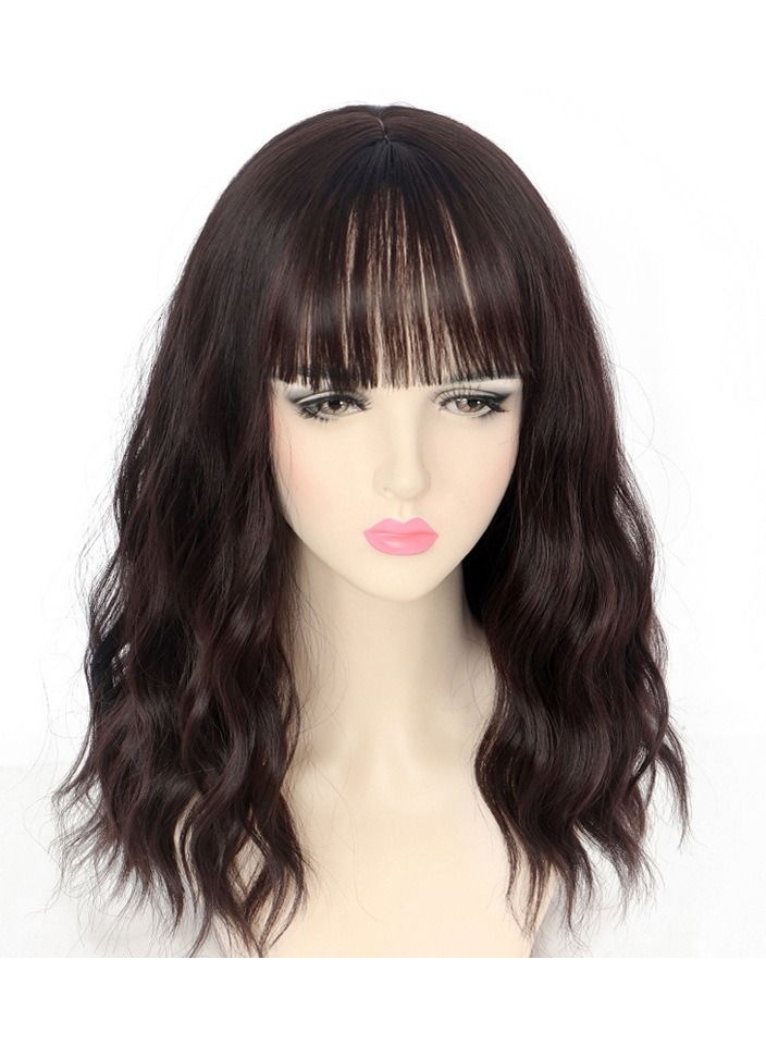 Estelle Estelle Short Wavy Dark Brown Wig with Bangs, Middle Length Bob Wigs for Women, Synthetic Natural Looking Heat Resistant Fiber Wigs  - Image 1