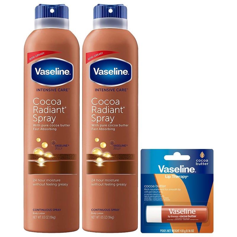 Vaseline Cocoa Radiant Spray 2-Pack for Dry Skin + Vaseline Lip Therapy Cocoa Butter Lip Balm (3 Piece Set) - Image 1