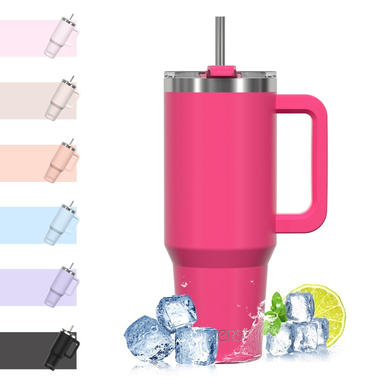 WATERSY Travel Mug Coffee Cup 40oz Tumbler Straw Lid and Handle Stainless Steel Double Wall Vacuum Insulated Coffee Water Bottle Thermal for Cold Hot Coffee 1182ml Gloss Pink