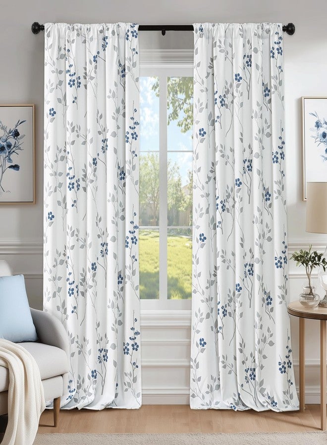 Beauoop Floral 100% Blackout Curtains 63 Inch Length 2 Panels for Bedroom Living Room Blue Grey and White Flower Patterned Room Darkening Thermal Soundproof Rod Pocket Back Tab Window Drapes, 52X63 - Image 1
