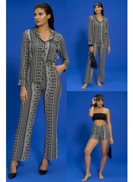 for you in&out 7-Piece Viscose Both Inside and Outside Asymmetrical Pattern Black Pajama Set S27408  - Image 1