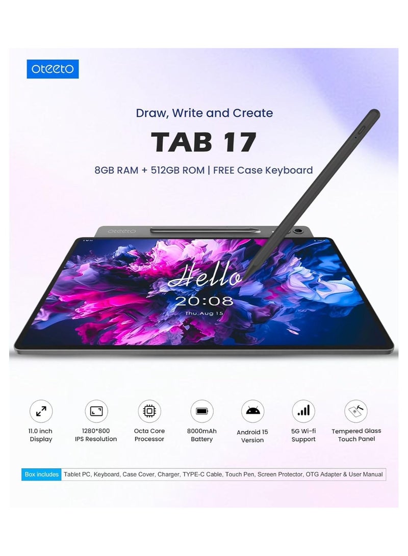 Oteeto TAB 17 Android Tablet, 11-inch Display, 8GB RAM, 512GB Storage, 8000mAh Battery, 5G Wi-Fi, with Keyboard Case And Stylus - Black - Image 2