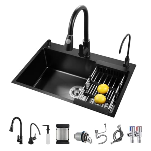 ARTLINE Black Kitchen Sink, Stainless Steel Single Bowl Sink, Drop In/Topmount Workstation Sink with Sliding Accessories, Farmhouse Workstation sink with Multiple Accessories (23.6 x 17.7in), RXZE031 - Image 1