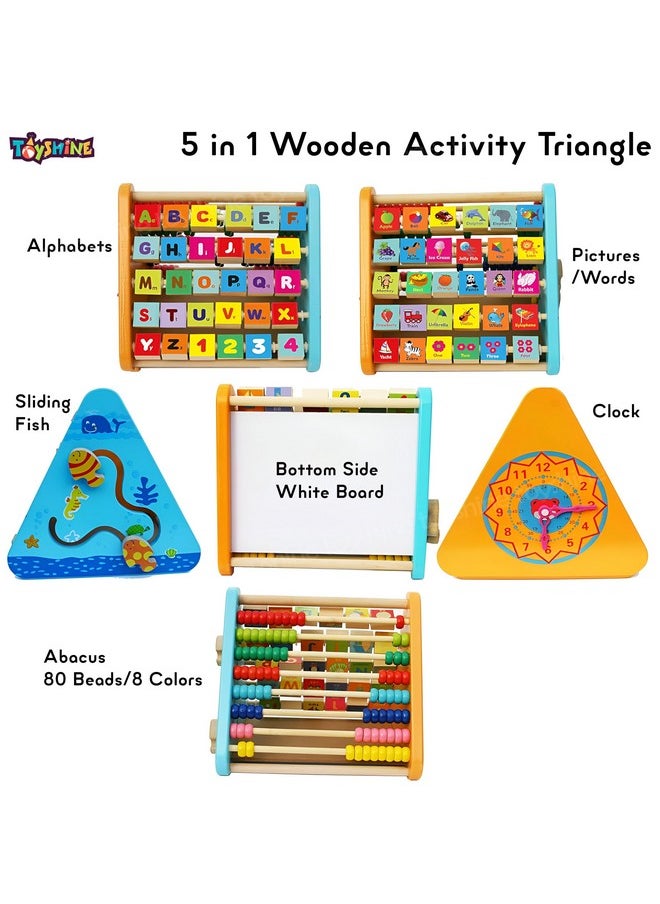 Toyshine Toyshine 5 in 1 Wooden Activity Centre Triangle Toy | Alphabet, Blocks, Abacus, Clock, Writing | Toys for Babies Montessori Learning Toy for 1-5 Year Old - New  - Image 2