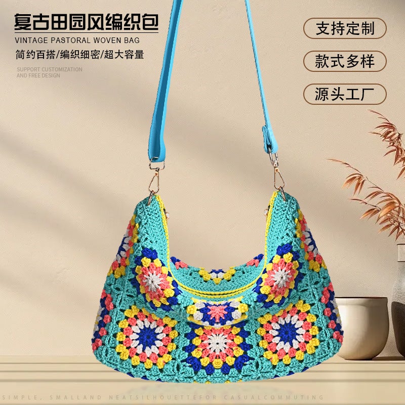 Handmade Crochet Bag, Lazy Style Grandmother Woven Bag, Ethnic Cute Casual Handbag, Niche Bucket Bag - Image 2