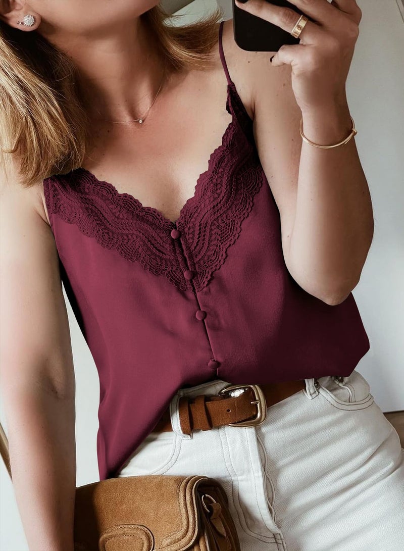 miduo Womens Tanks Tops Casual V Neck Lace Silk Satin Cami Shirts Straps Camisole Tanks Tops Sleeveless Blouse Summer Spring Tops Wine S - Image 3