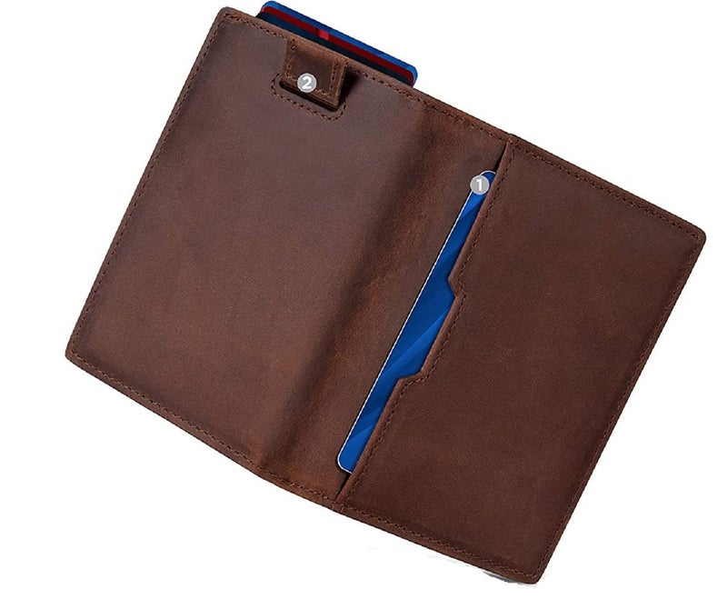 Contacts Wallets for Men Slim Mens Genuine Leather RFID Blocking Minimalist Card Front Pocket Bifold Card Holder Wallet with Smart Pull Strap | Folded Currency Slot (Brown) - Image 1