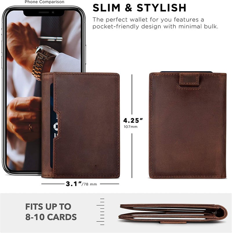 Contacts Wallets for Men Slim Mens Genuine Leather RFID Blocking Minimalist Card Front Pocket Bifold Card Holder Wallet with Smart Pull Strap | Folded Currency Slot (Brown) - Image 4