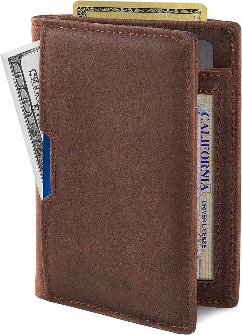Contacts Wallets for Men Slim Mens Genuine Leather RFID Blocking Minimalist Card Front Pocket Bifold Card Holder Wallet with Smart Pull Strap | Folded Currency Slot (Brown) - Image 2