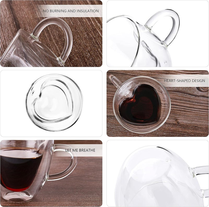 CNGLASS Mothers Day Gifts for MomDouble Wall Heart Shaped Glass Coffee Mugs 85ozInsulated Clear Tea Cups with HandleUnique Glass Espresso Mugs for CoffeeCappuccinoLatteMilkSet of 2 - Image 2