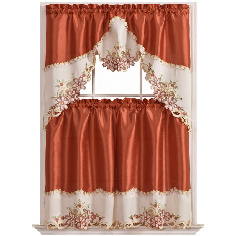 GOHD Golden Ocean Home Decor GOHD Arch Floral Kitchen Curtain SetSwag Valance Tier Set Nice Matching Color Floral Embroidery on Border with cutworks Rust - Image 2