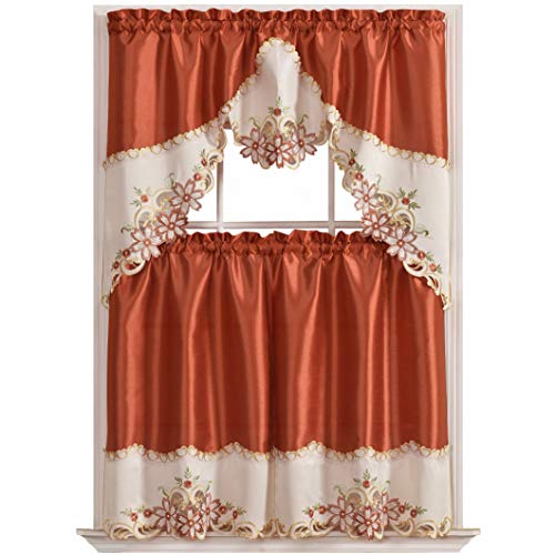 GOHD Golden Ocean Home Decor GOHD Arch Floral Kitchen Curtain SetSwag Valance Tier Set Nice Matching Color Floral Embroidery on Border with cutworks Rust - Image 1