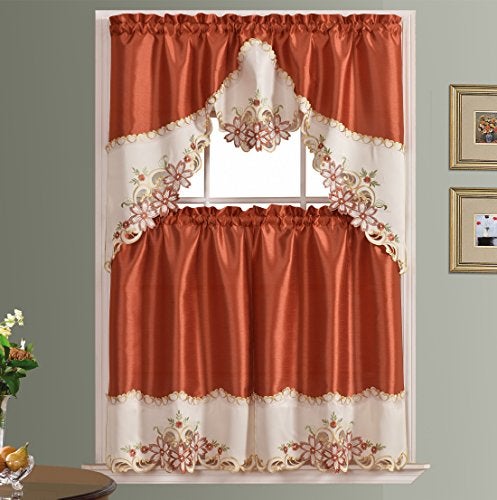GOHD Golden Ocean Home Decor GOHD Arch Floral Kitchen Curtain SetSwag Valance Tier Set Nice Matching Color Floral Embroidery on Border with cutworks Rust - Image 3