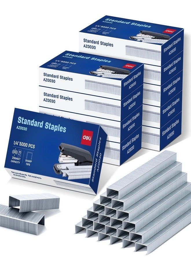 Deli Staples, 50000 Staples, Standard Staples for Desktop Staplers, 1/4'' Length, 210/Strip, 10 Boxes of 5000 Each - Image 1