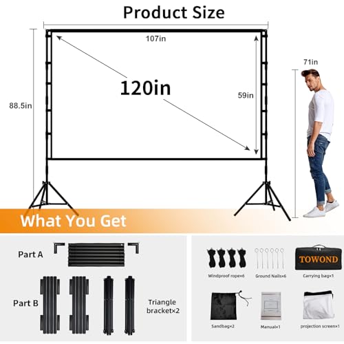 TOWOND Outdoor Projector Screen with Stand, TOWOND 120 inch Projection Screen, Movie Screen 16:9 HD Foldable Anti-Crease Support Double Sided with Carry Bag for Outdoor Indoor - Image 3