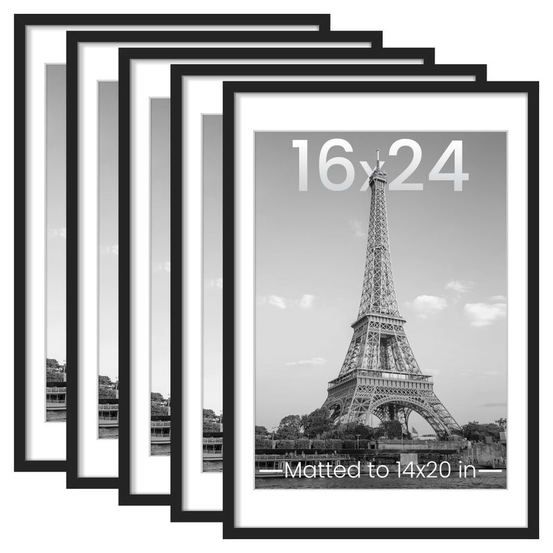 upsimples 16x24 Picture Frame Set of 5 Display Pictures 14x20 with Mat or 16 x 24 Without Wall Gallery Poster Frames Black
