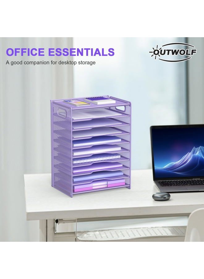 OUTWOLF 10 Tier Paper Organizer - Letter Tray Mesh Desk File Organizer with Handles for Office School Desktop, Purple - Image 2