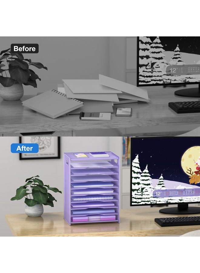 OUTWOLF 10 Tier Paper Organizer - Letter Tray Mesh Desk File Organizer with Handles for Office School Desktop, Purple - Image 4