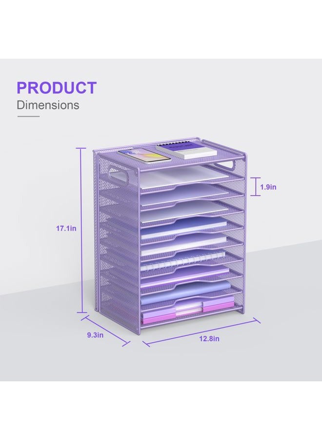 OUTWOLF 10 Tier Paper Organizer - Letter Tray Mesh Desk File Organizer with Handles for Office School Desktop, Purple - Image 3