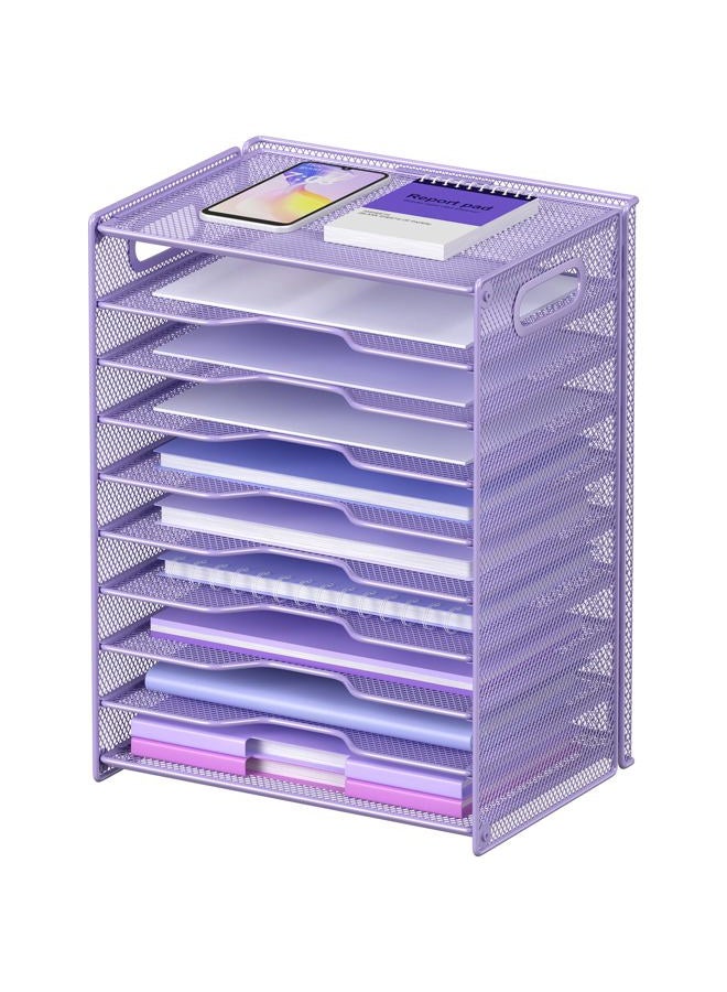 OUTWOLF 10 Tier Paper Organizer - Letter Tray Mesh Desk File Organizer with Handles for Office School Desktop, Purple - Image 1