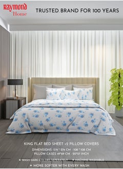 Raymond Raymond Home King Flat Sheet Bedsheet 200 Thread Count Luxirious 100% Long Staple Cotton Bedding Printed Sateen Percale Bed Linen with 2 Pillow Case - Blue (274 * 274 CM)  - Image 3