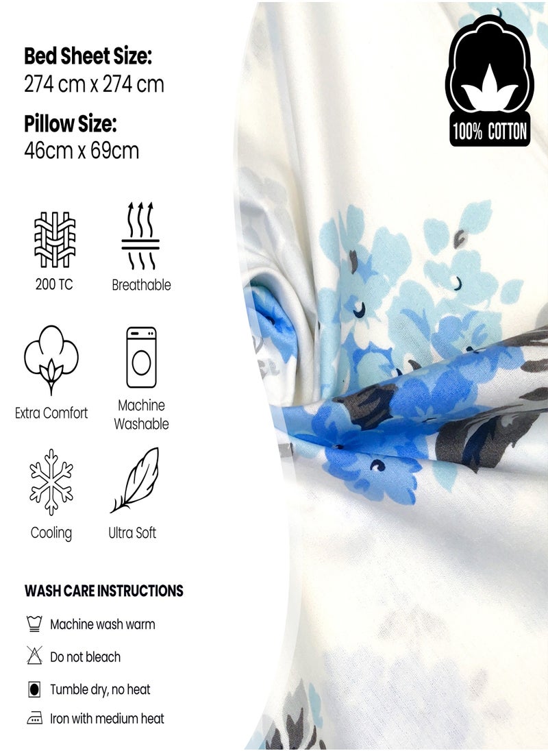 Raymond Raymond Home King Flat Sheet Bedsheet 200 Thread Count Luxirious 100% Long Staple Cotton Bedding Printed Sateen Percale Bed Linen with 2 Pillow Case - Blue (274 * 274 CM)  - Image 5