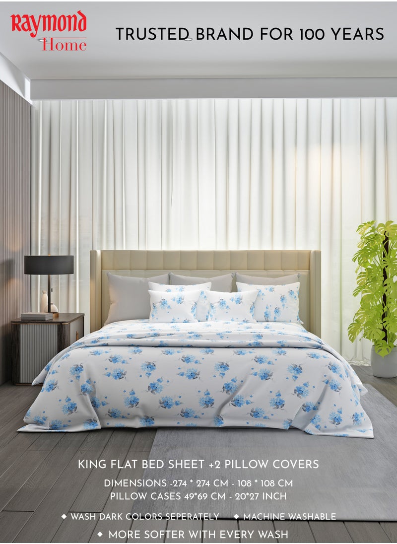 Raymond Raymond Home King Flat Sheet Bedsheet 200 Thread Count Luxirious 100% Long Staple Cotton Bedding Printed Sateen Percale Bed Linen with 2 Pillow Case - Blue (274 * 274 CM)  - Image 3