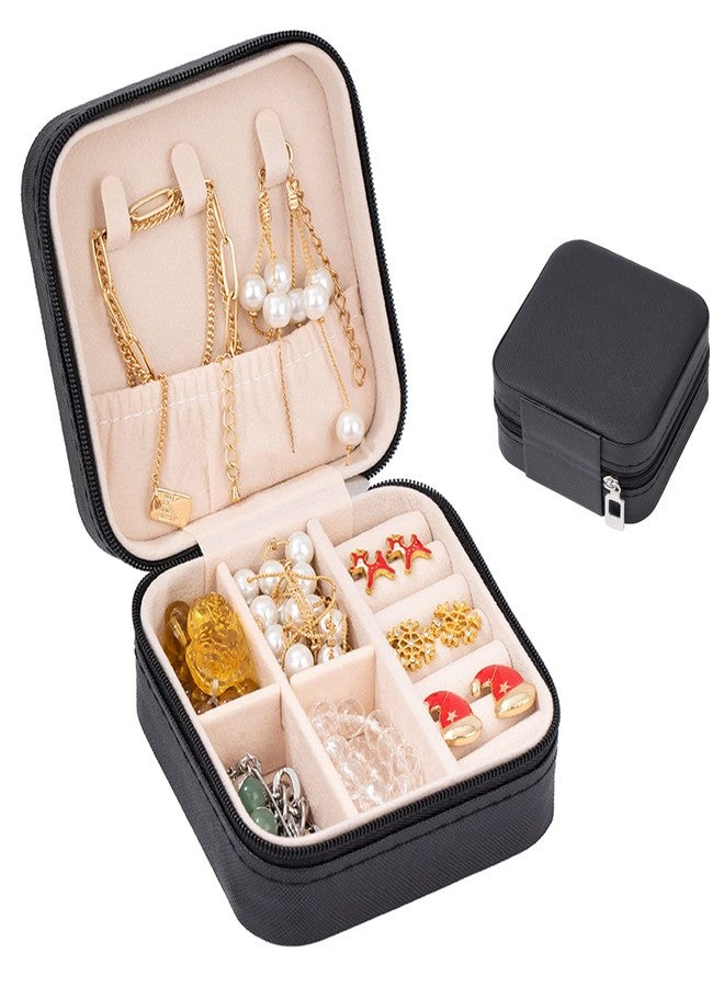 Obsoorth Small Travel Jewelry Case Box Organizer Earring Ring Holder for Traveling Necklace Women Children Kids Little Girls Gift PU Leather Portable Storage Carrier - Black - Image 1