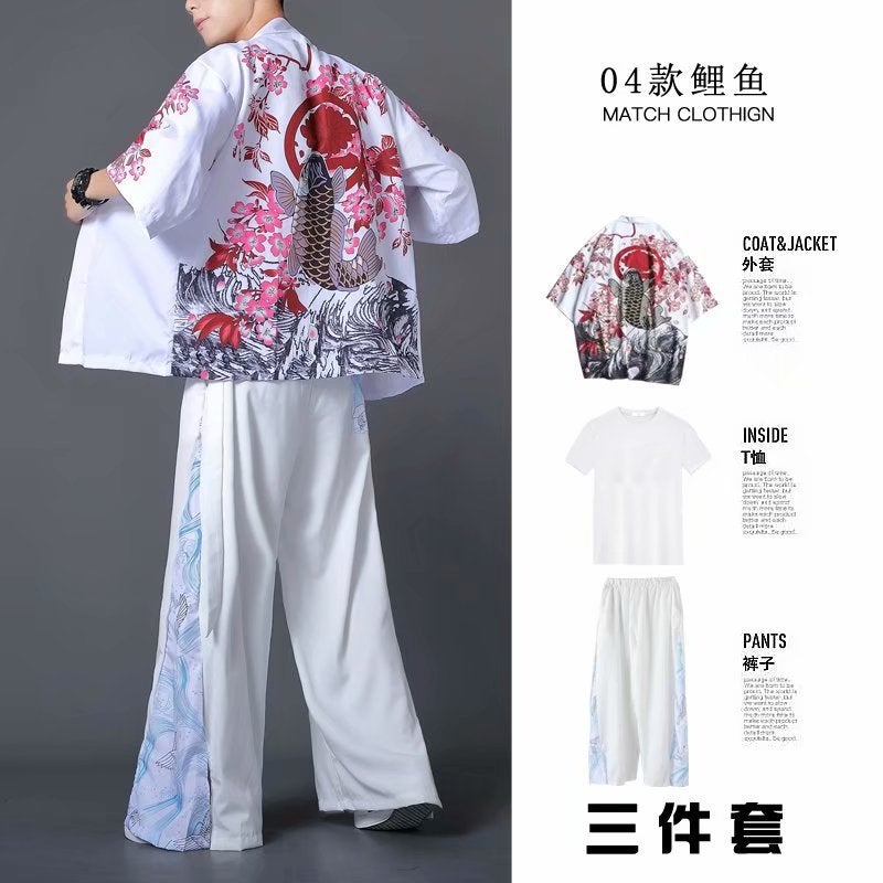 Hanfu Three-Piece Set Summer Chinese Style Robe for Men and Women Couples Fairy Style Loose Straight-Leg Wide-Leg Pants Set Class Clothes 04 carp White 3 piece set 