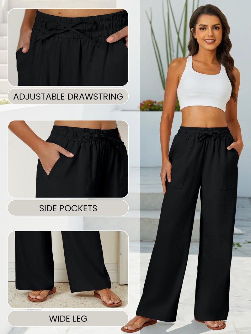 FireSwan Womens Palazzo Pants Casual Drawstring Flowy Pants Wide Leg Summer Beach Linen Trousers with Pockets Black - Image 5